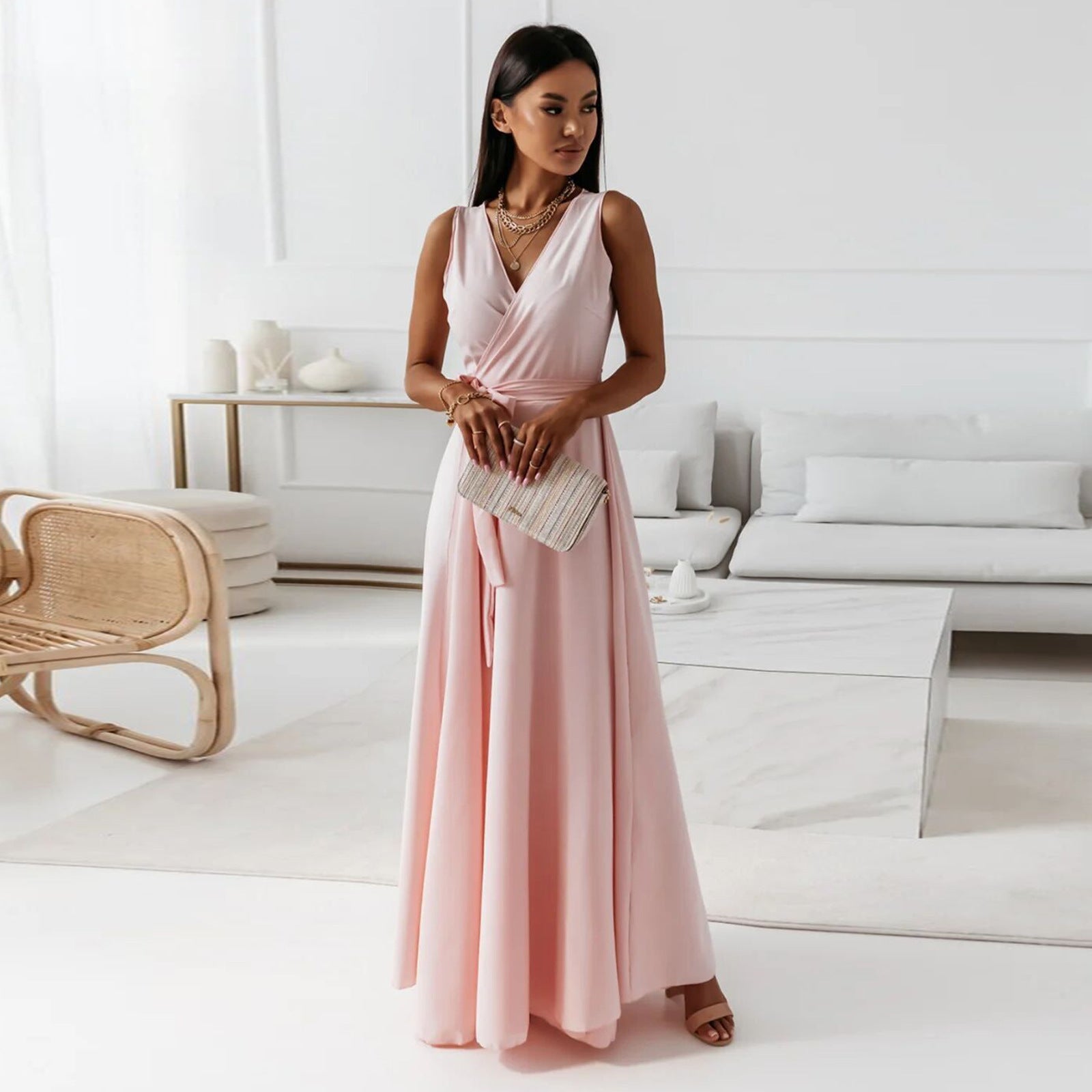 Damen Elegantes Wickel-Minikleid mit tiefem V-Ausschnitt und fließendem Stoff Sovae