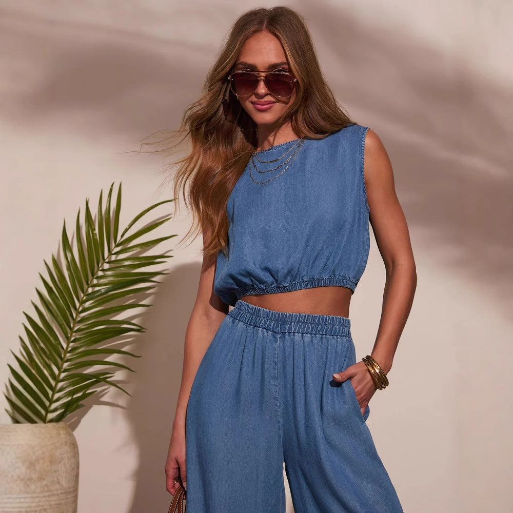 Damen lässiger Denim Jumpsuit mit cropped Oberteil Sovae