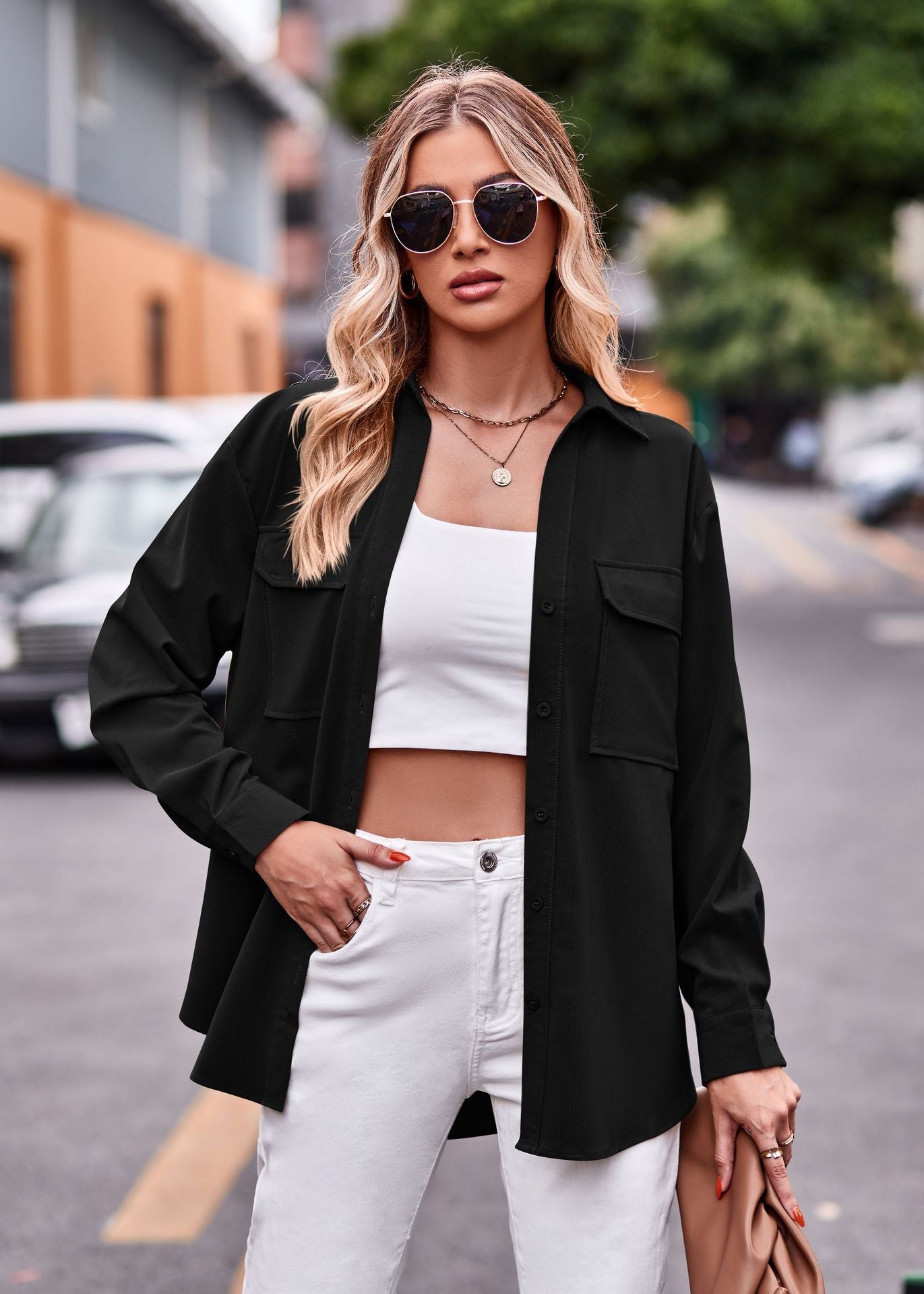 Damen lässige Hemdjacke mit großen aufgesetzten Taschen Sovae