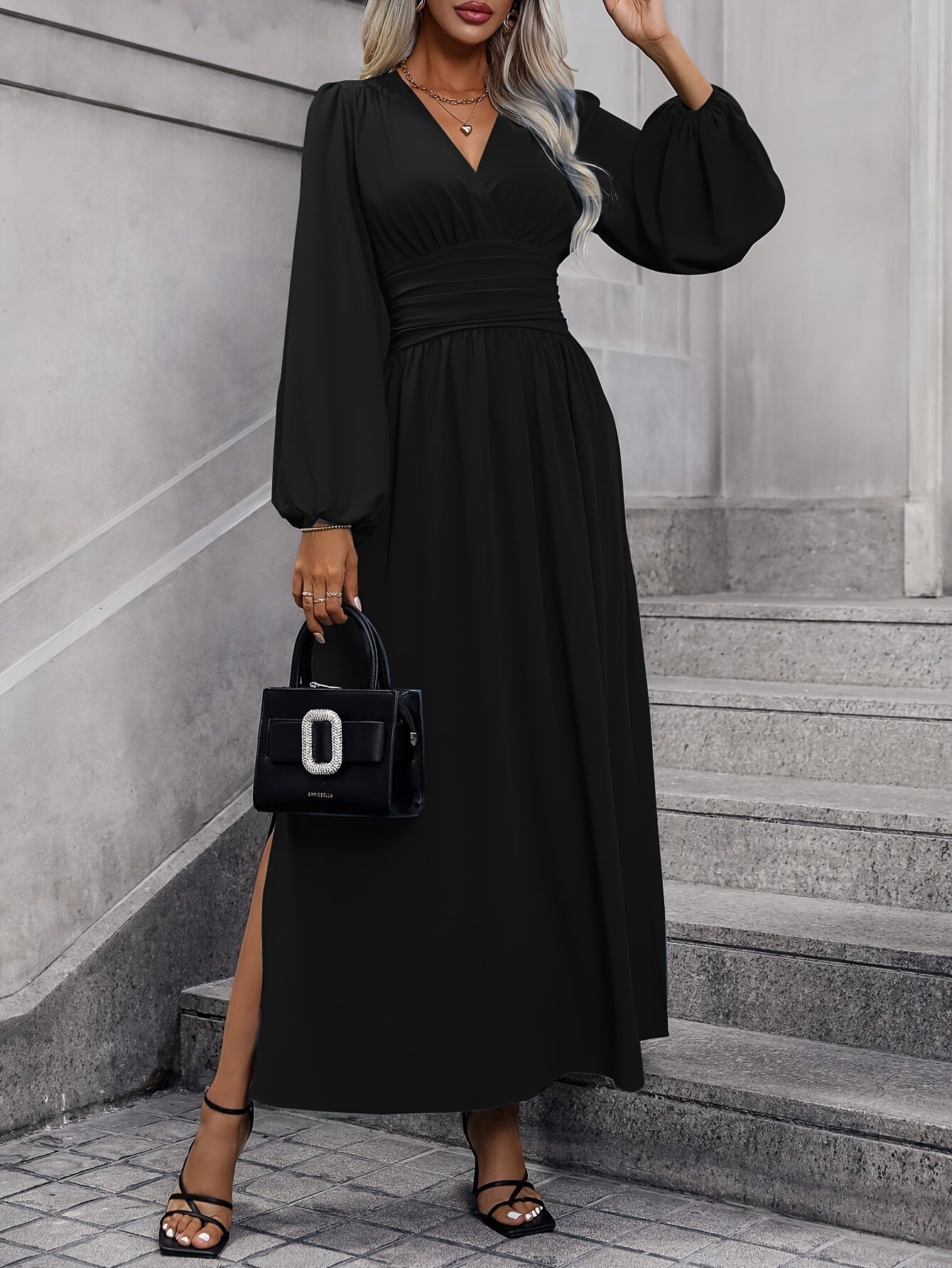 Damen elegantes Maxikleid mit tiefem V-Ausschnitt und puffärmeln Sovae
