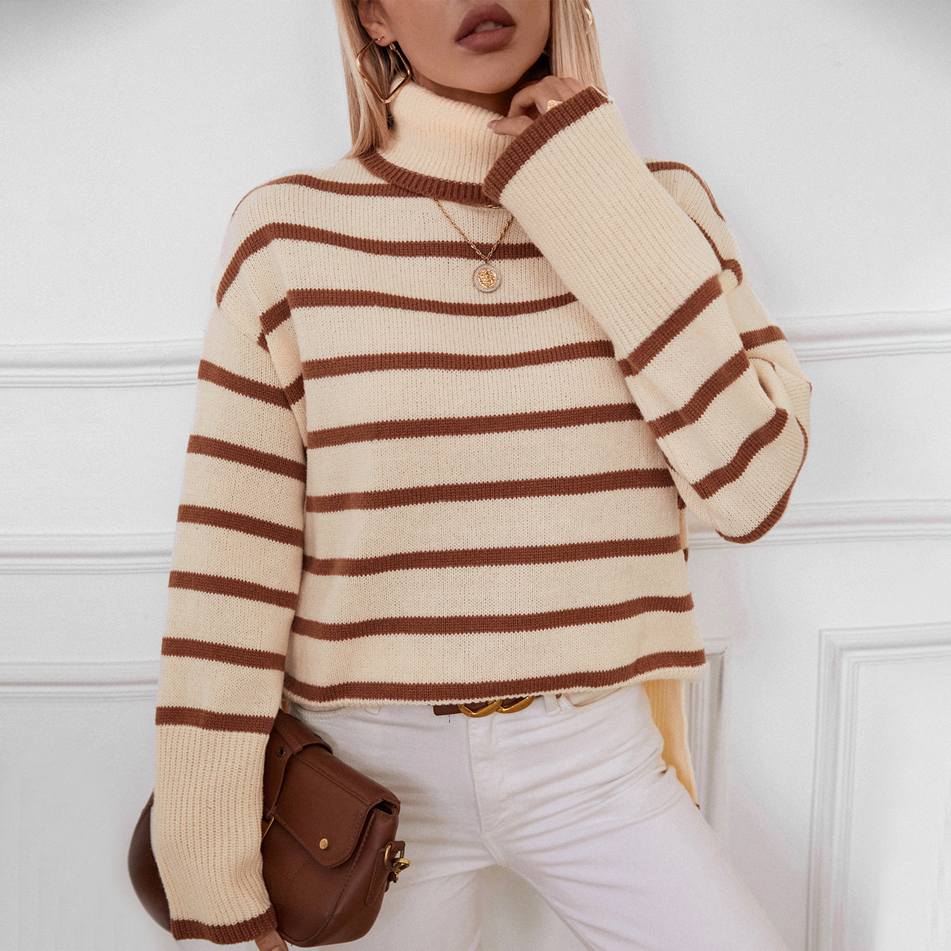 Damen modischer Rollkragenpullover mit breiten Streifen und lässigem Schnitt Sovae