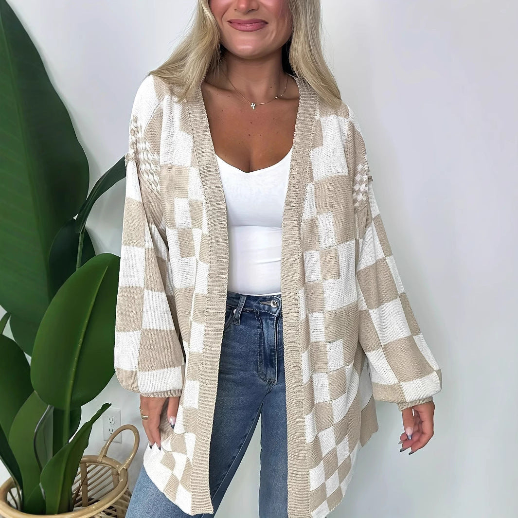 Damen Oversize Strickjacke mit Karomuster Sovae