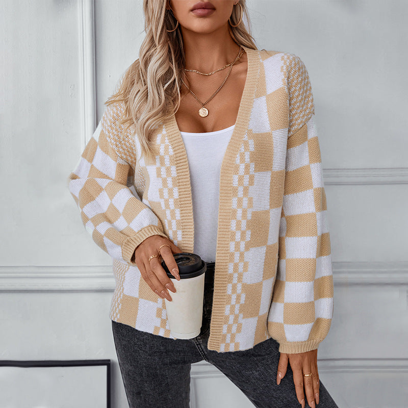 Damen lässige Strickjacke im modischen Karomuster Sovae