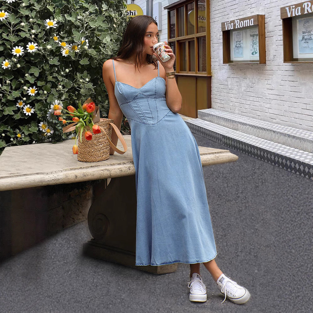 Damen Denim-Maxikleid mit herzförmigem Ausschnitt und Spaghetti-Trägern Sovae