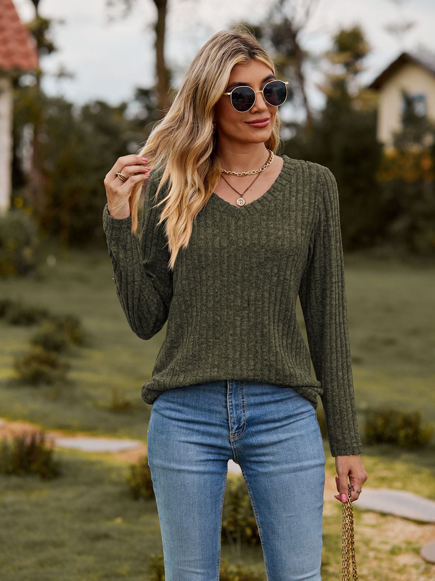 Damen Wohlfühlpullover mit geripptem Design und V-Ausschnitt Sovae