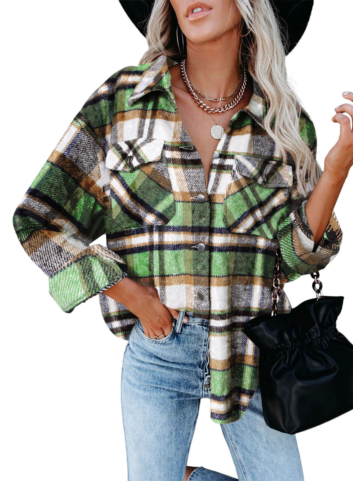 Damen Karo-Hemdenjacke im Oversized-Stil mit Druckknopfverschluss Sovae