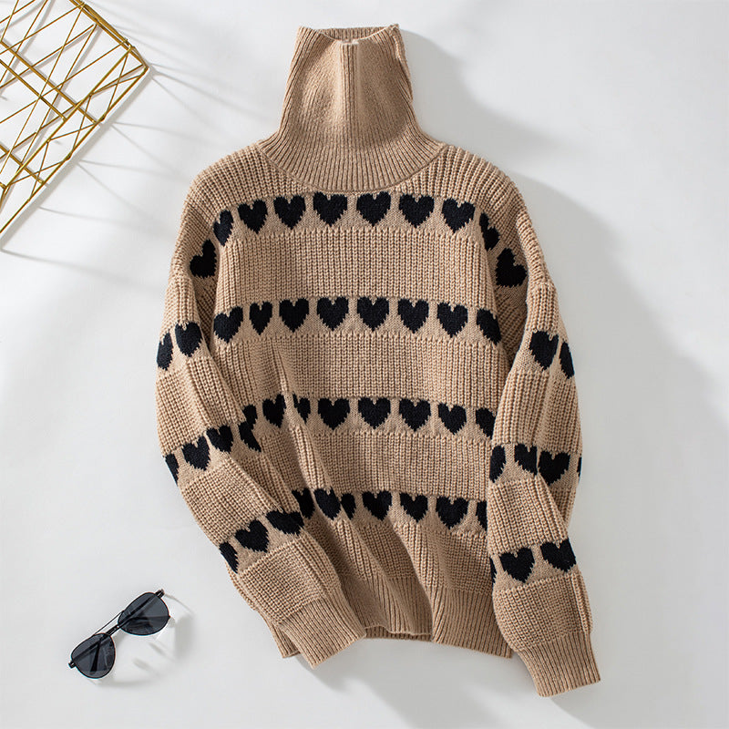 Damen Strickpullover mit Herzmuster und hohem Kragen Sovae