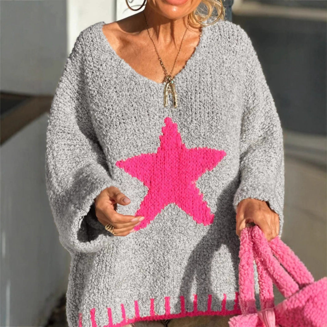 Damen Strickpullover mit V-Ausschnitt und auffälligem Sternenmuster Sovae