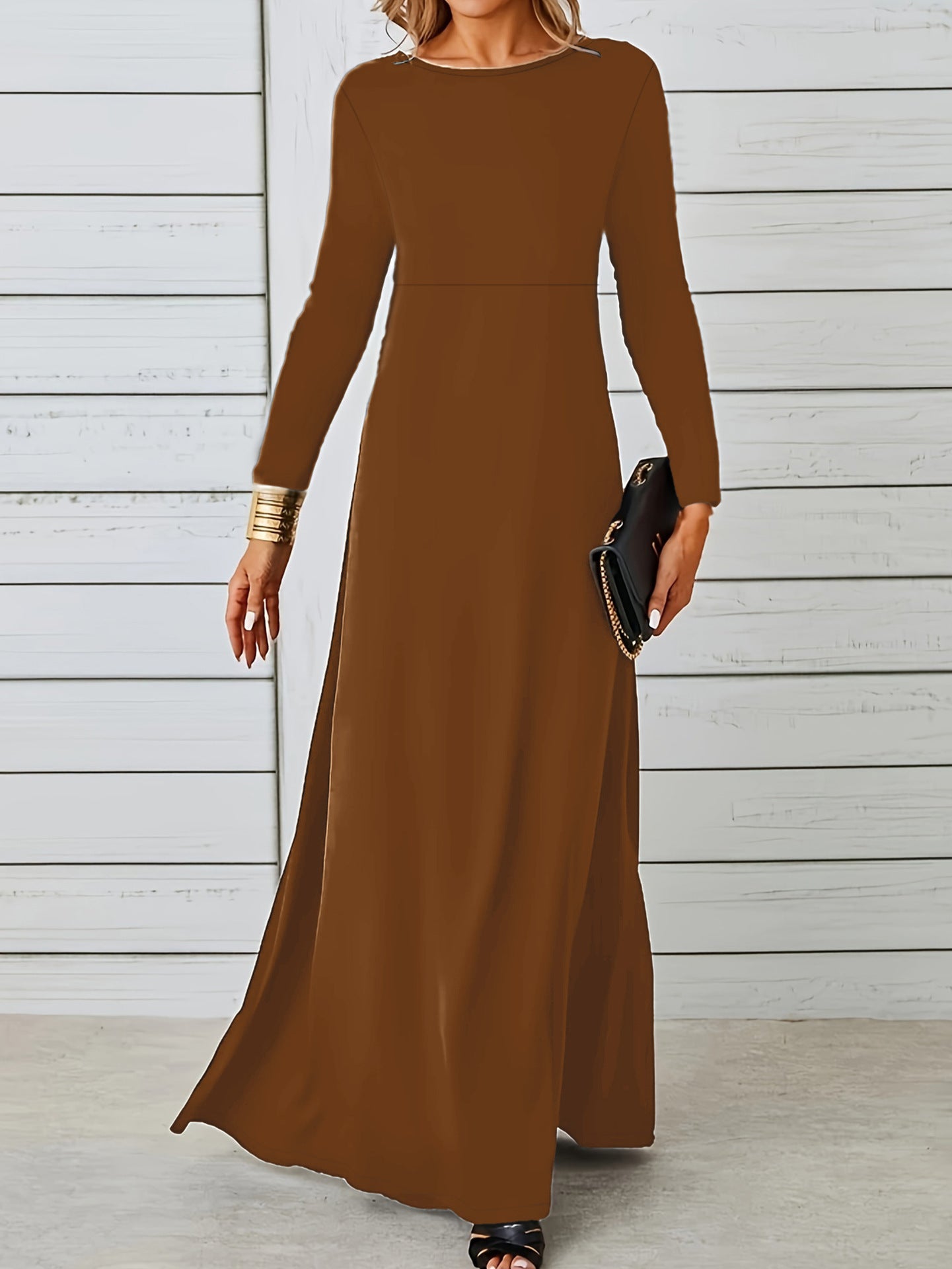 Damen elegantes Maxikleid mit langen Ärmeln und fließendem Schnitt Sovae