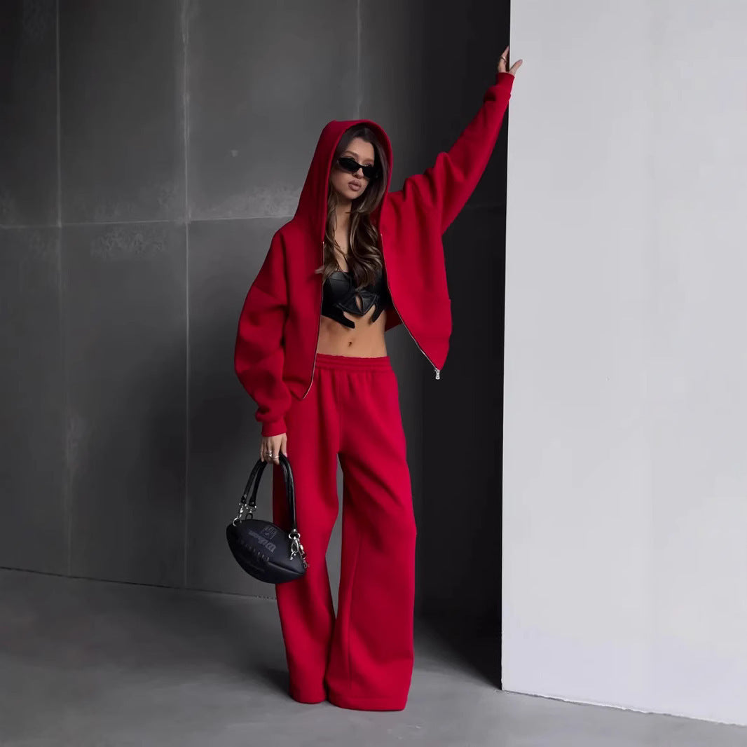 Damen stylischer Freizeit-Hoodie mit durchgehendem Reißverschluss und bequemen Jogginghosen Sovae