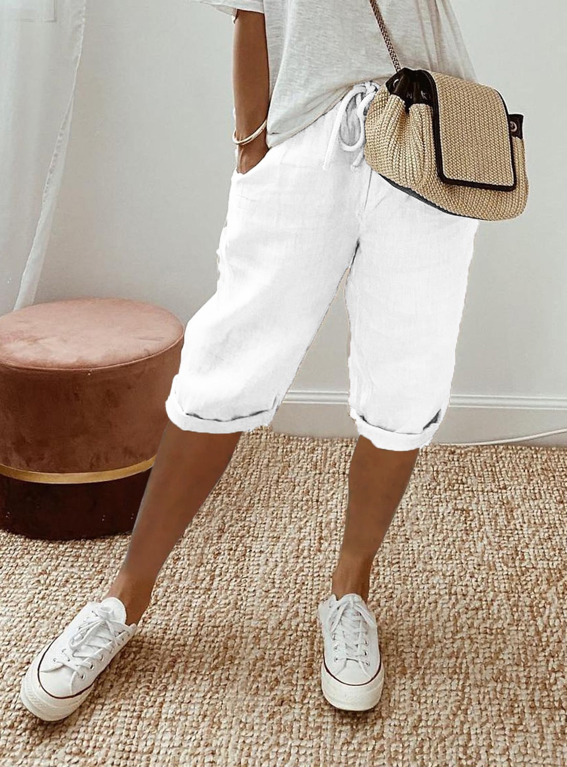 Damen lässige Leinen-Shorts mit elastischem Bund und praktischen Taschen Sovae