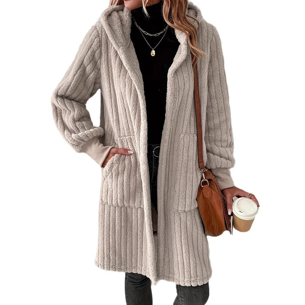 Damen Kuschelige Kapuzenjacke aus weichem Bouclé Stoff Sovae