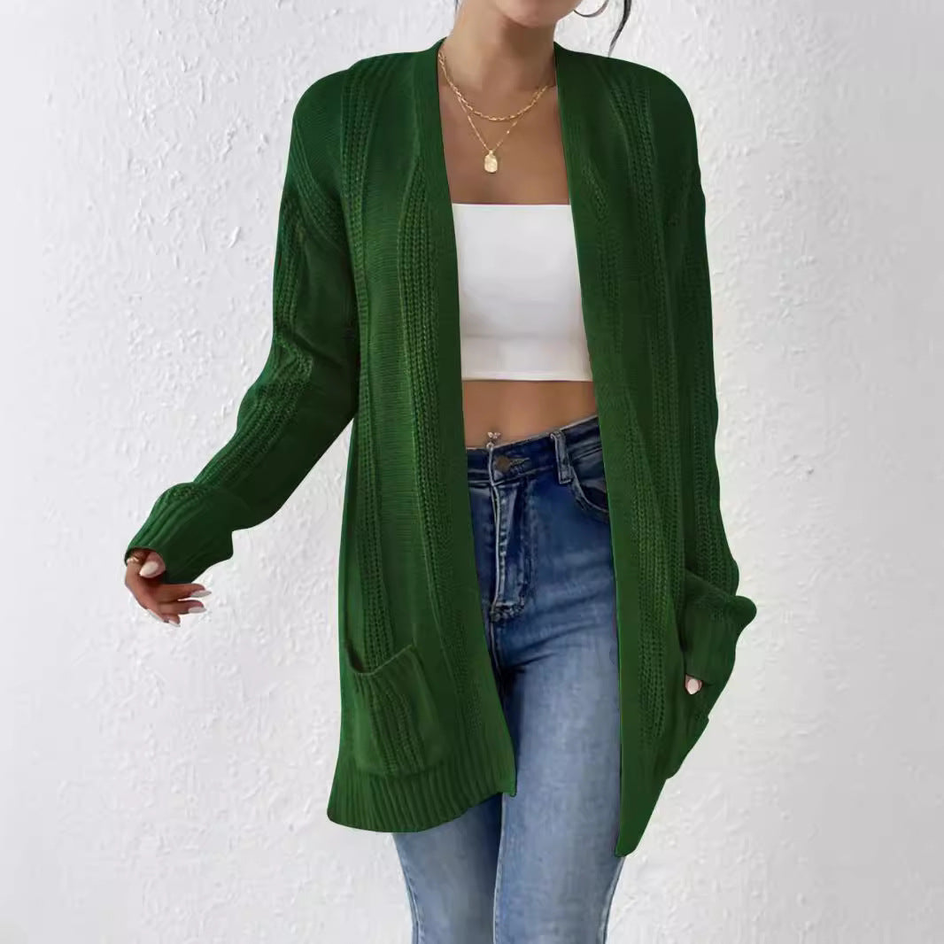 Damen lässiger Strickcardigan mit offenen Maschen und praktischen Taschen Sovae