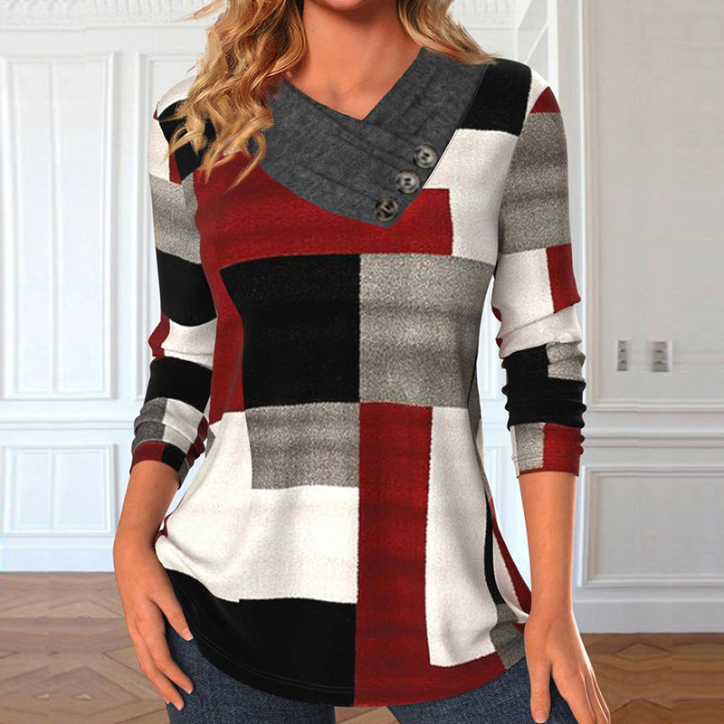 Damen stilvolles Langarmshirt mit asymmetrischem Kragen und Knopfdetails Sovae