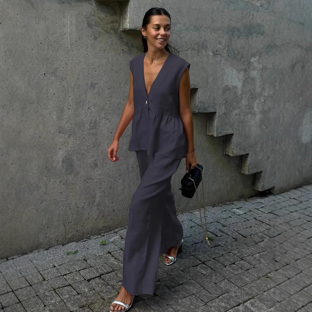 Damen eleganter und luftiger Hosenanzug mit tiefem V-Ausschnitt Sovae