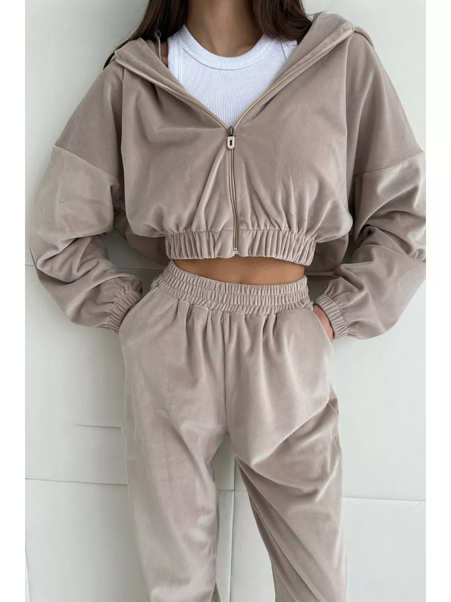 Damen sportlich-eleganter Fleece-Trainingsanzug mit hoher Taille und Reißverschluss Sovae