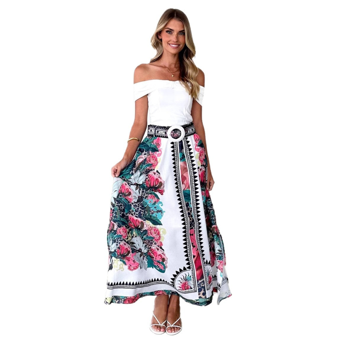 Damen Maxi-Rock mit floralem Muster und Taillengürtel Sovae