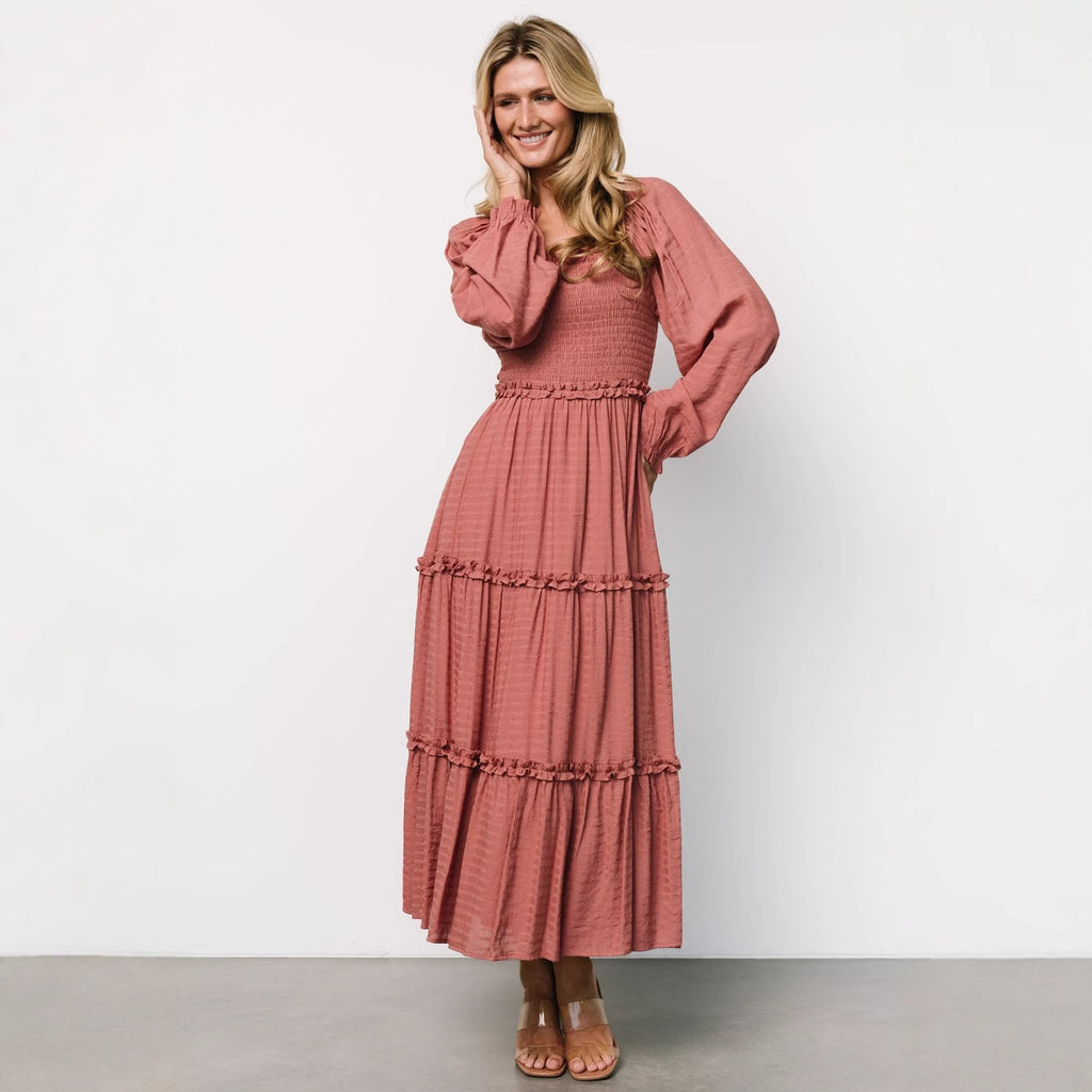 Damen Maxikleid mit gerafftem Oberteil und Rüschendetails Sovae