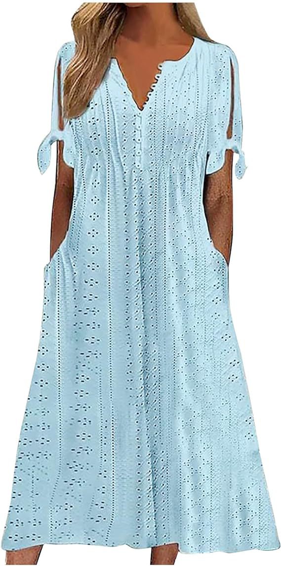 Damen Midi Kleid mit luftigen Einsätzen und dekorativen Details Sovae