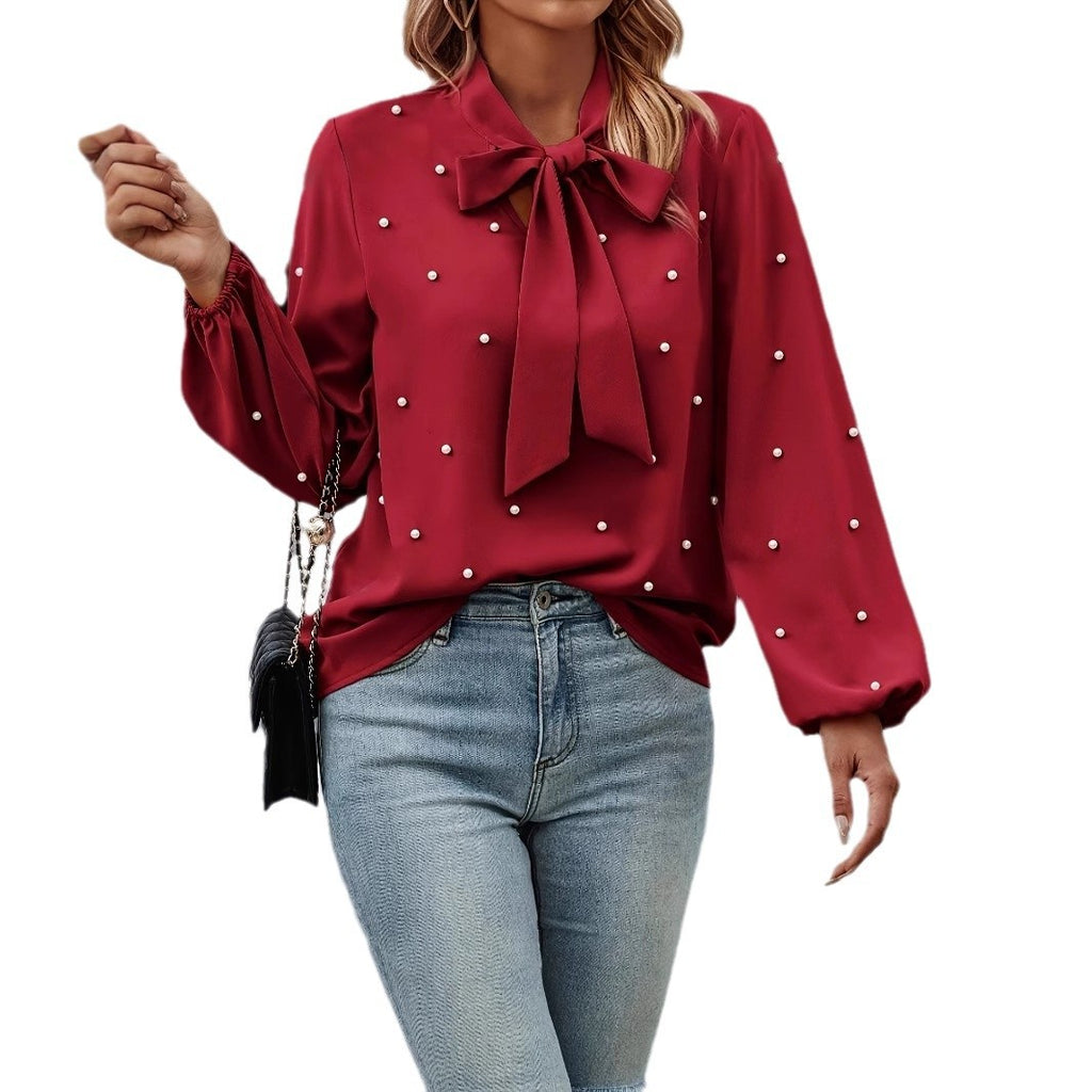 Damen Bluse mit Puffärmeln und Schleife Sovae