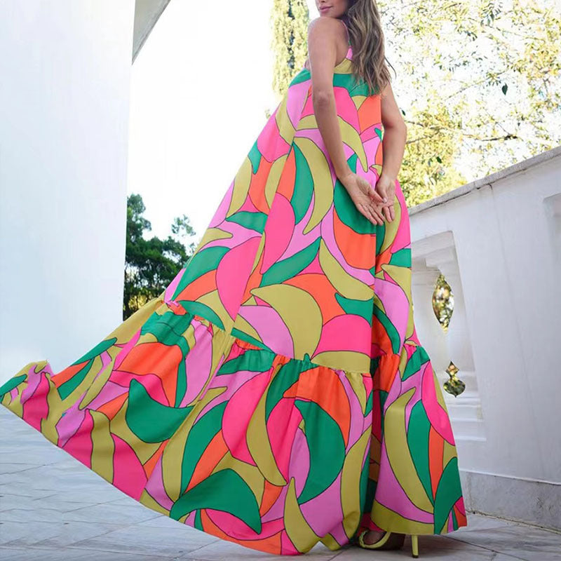 Damen Luftiges Maxikleid mit farbenfrohem Blattmuster und voluminösem Saum Sovae