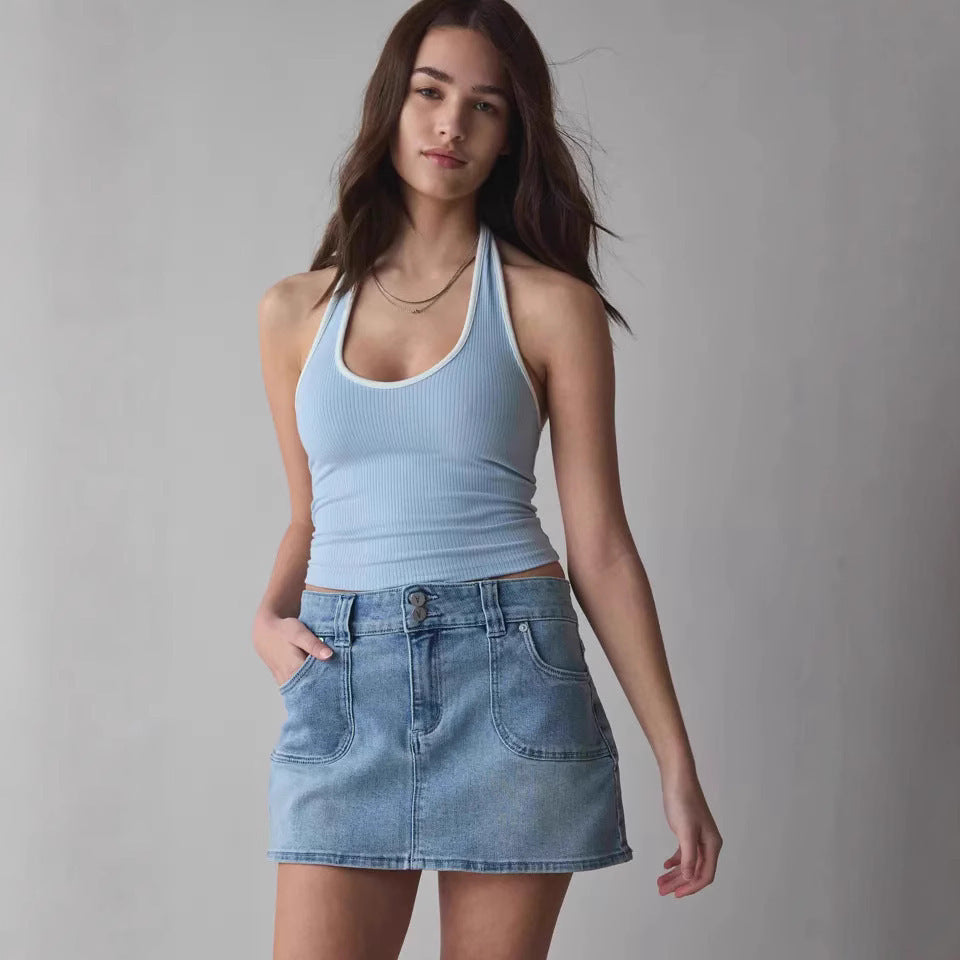 Damen Jeansrock mit hohem Bund und praktischen Fronttaschen Sovae