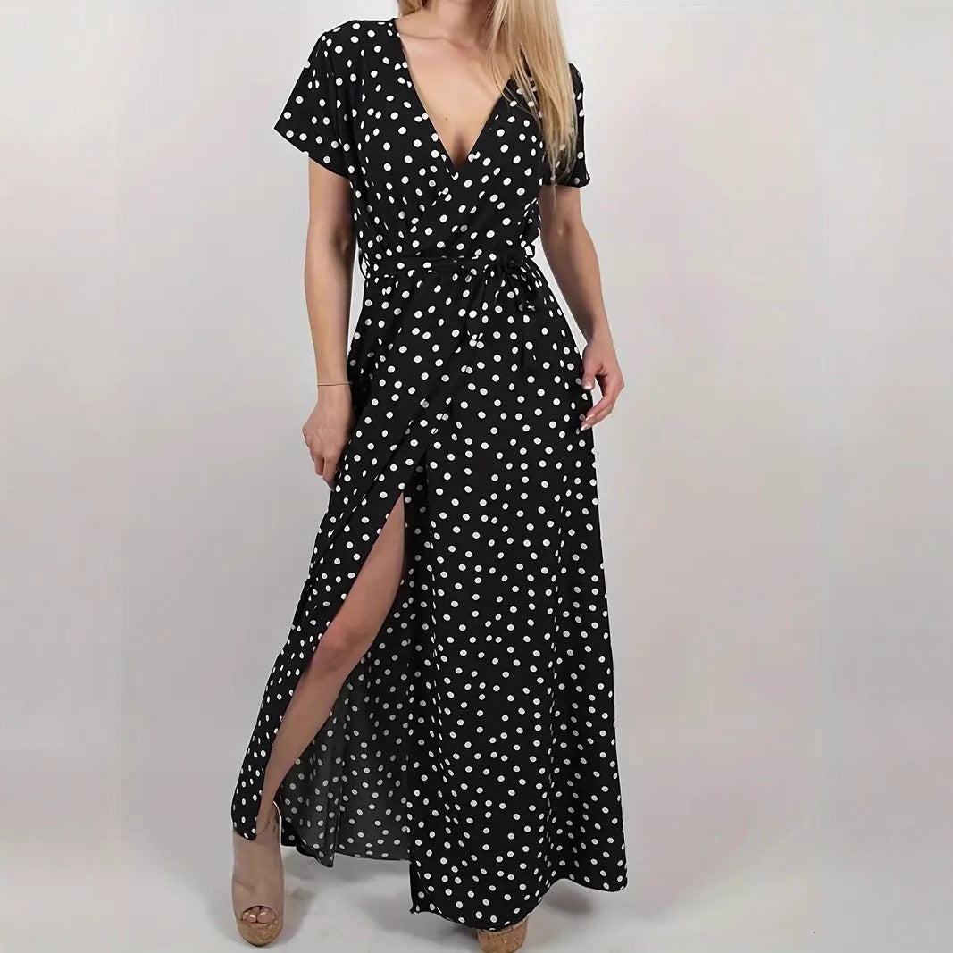 Damen Maxikleid mit Polka-Dots und tiefem V-Ausschnitt Sovae