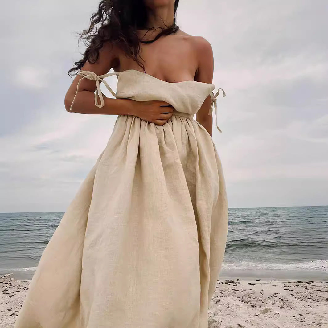Damen Midi-Linnenkleid mit Spaghetti-Trägern Sovae