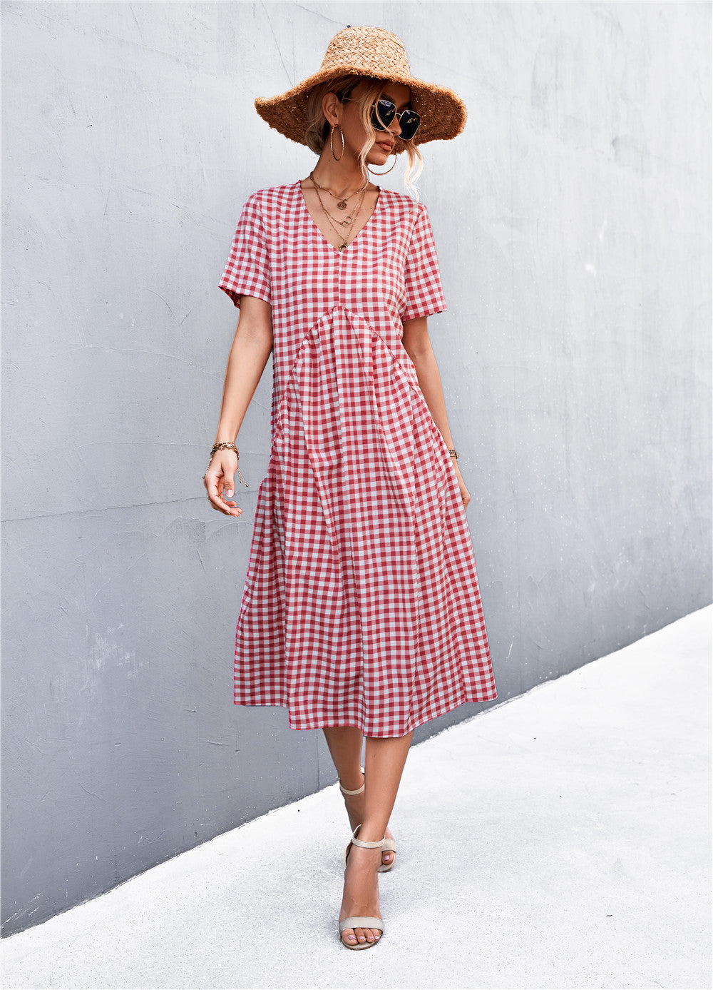 Damen V-Ausschnitt Midikleid mit kariertem Design und ausgestelltem Rock Sovae