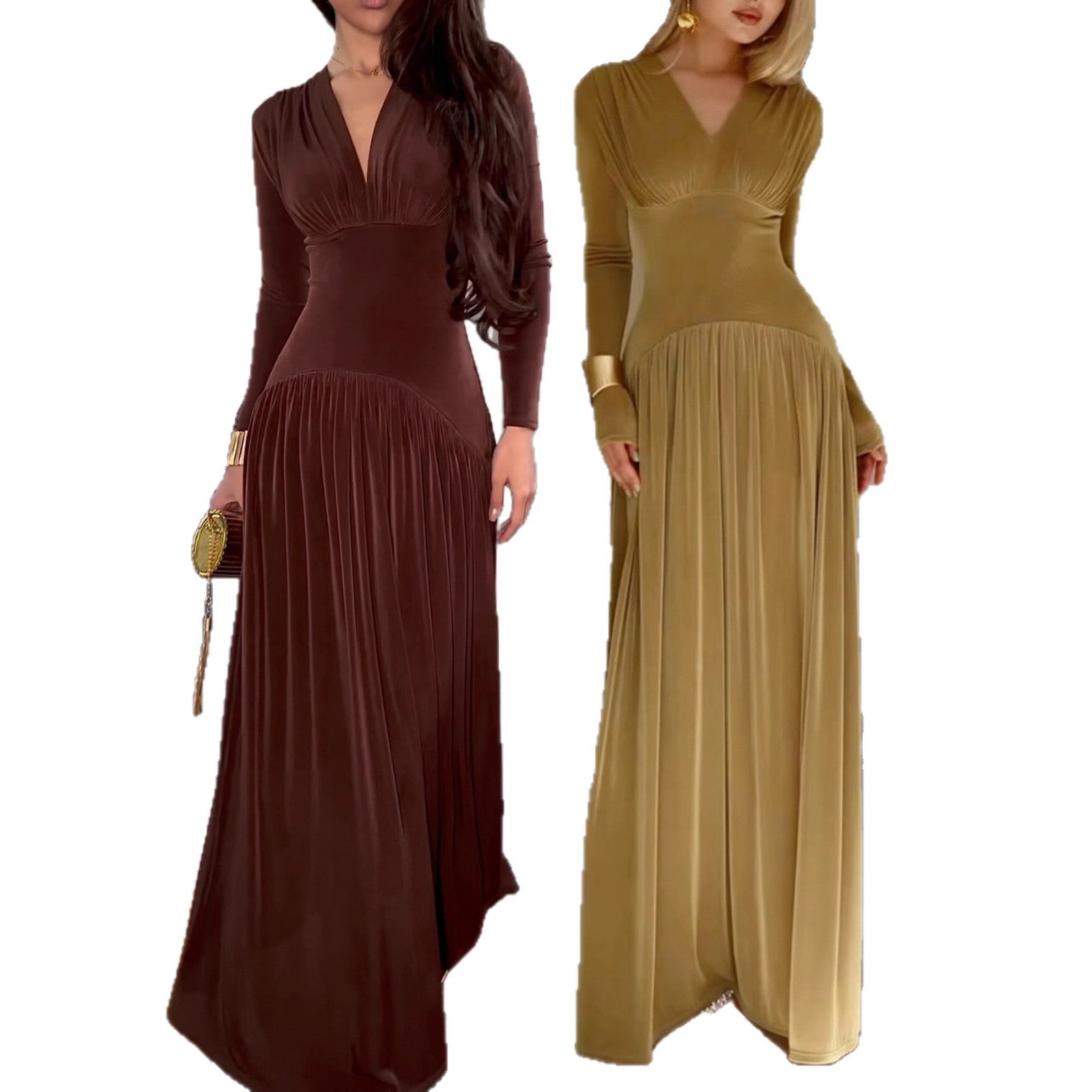 Damen Elegantes Maxikleid mit Falten und V-Ausschnitt Sovae
