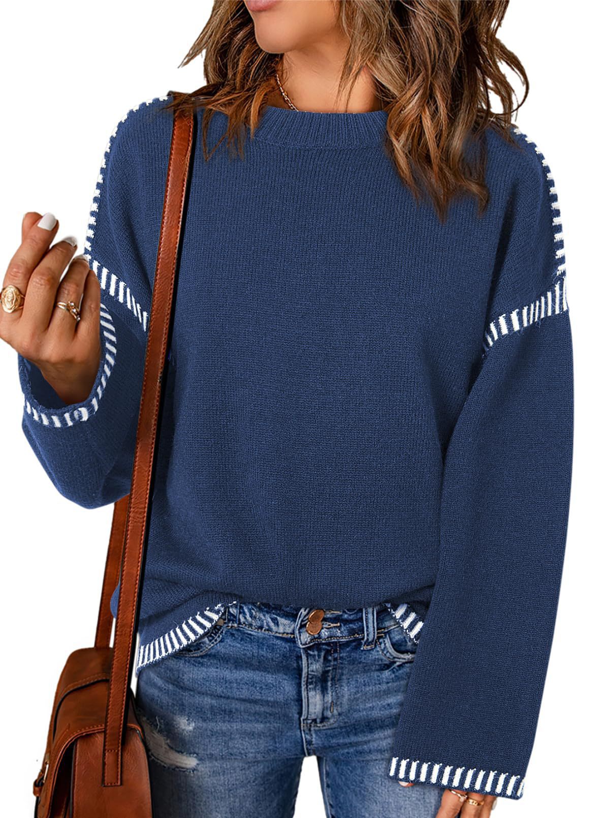 Damen lässiger Strickpullover mit kontrastierenden Bündchen und lässigem Schnitt Sovae