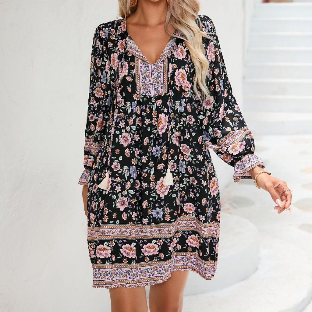 Damen Florales Minikleid mit V-Ausschnitt und Rüschendetails Sovae