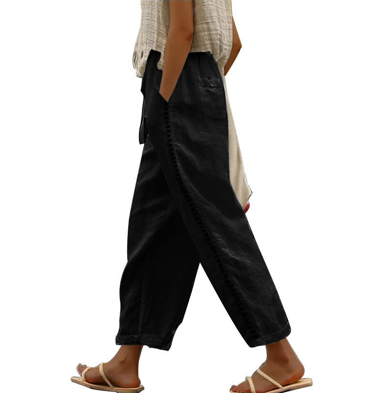 Damen Lockere Leinenhose mit seitlicher Knopfdetail Sovae