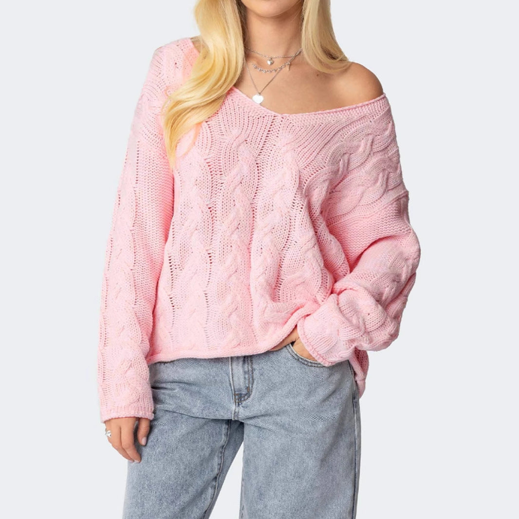 Damen Grobstrickpullover mit tiefem V-Ausschnitt und lässiger Silhouette Sovae