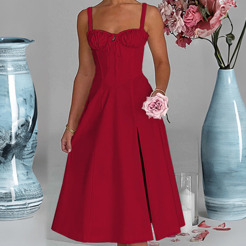 Damen Sommerliches Midi-Kleid mit Raffungen und Seitenschlitzen Sovae