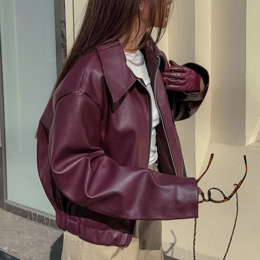 Damen modische Kunstlederjacke mit oversized Schnitt Sovae