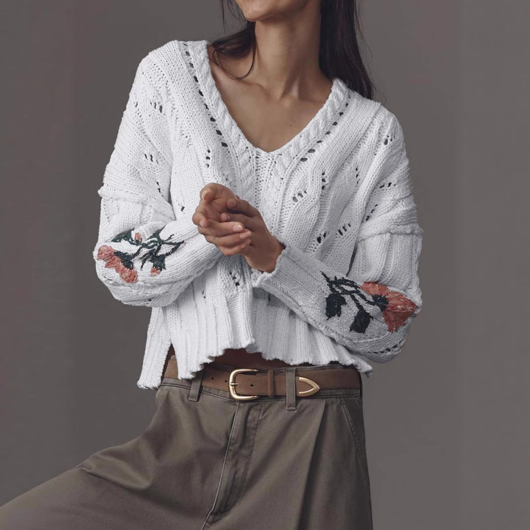 Damen Strickpullover mit floralem Design und V-Ausschnitt Sovae