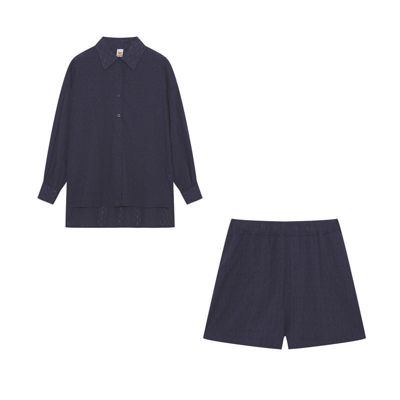 Damen lässiges Set mit strukturiertem Hemd und Shorts Sovae