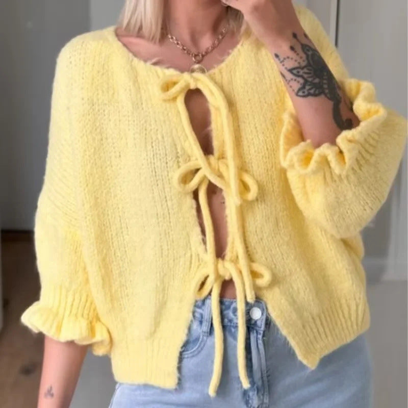Damen lässiger Strickcardigan mit raffinierten Bindebändern und weiten Ärmeln Sovae
