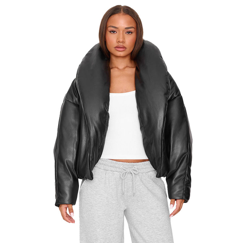 Damen Modische und lässige Kunstlederjacke mit oversized Kragen Sovae