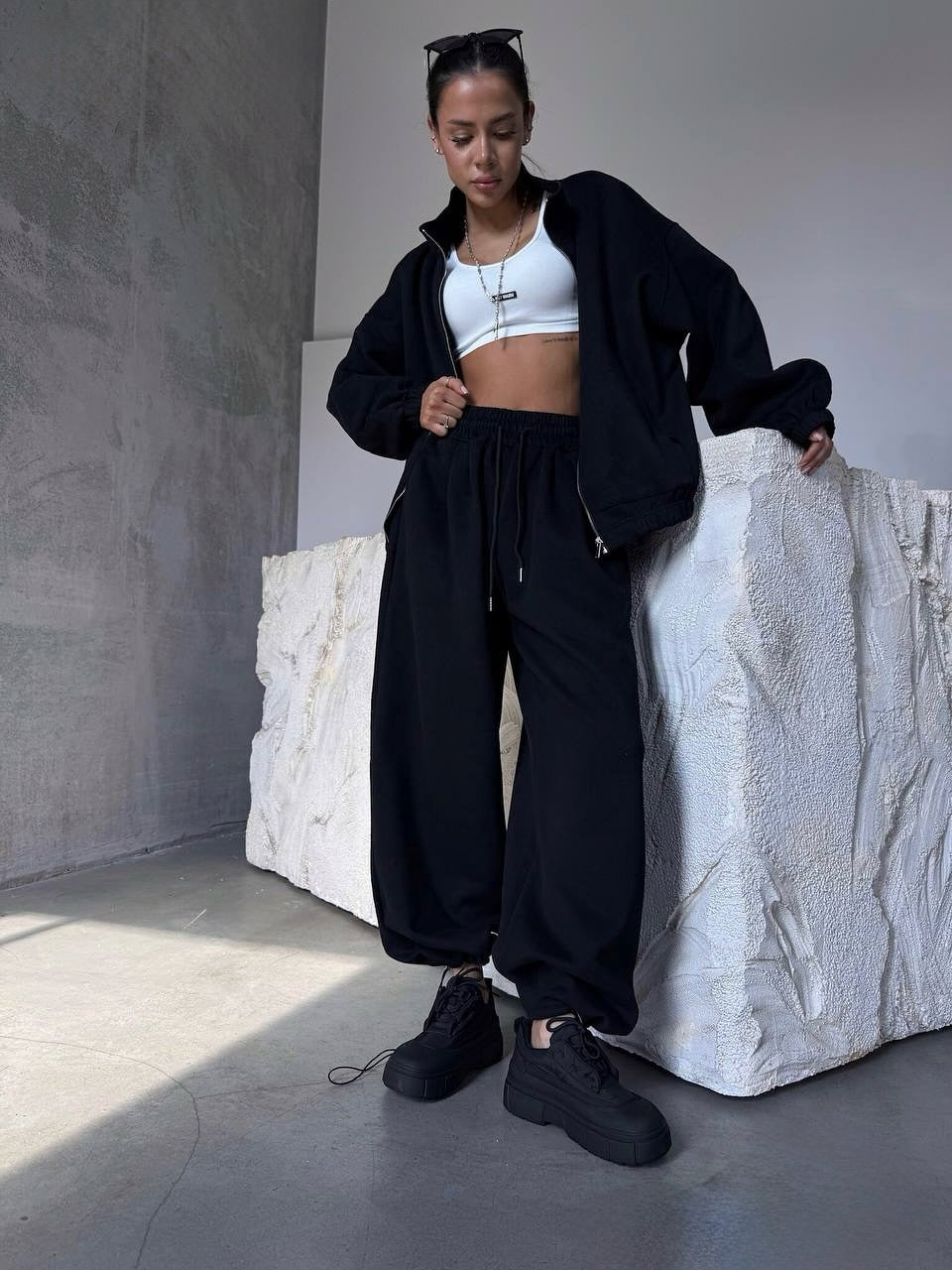Damen Oversized lässiger Sportanzug mit Reißverschluss und elastischer Taille Sovae