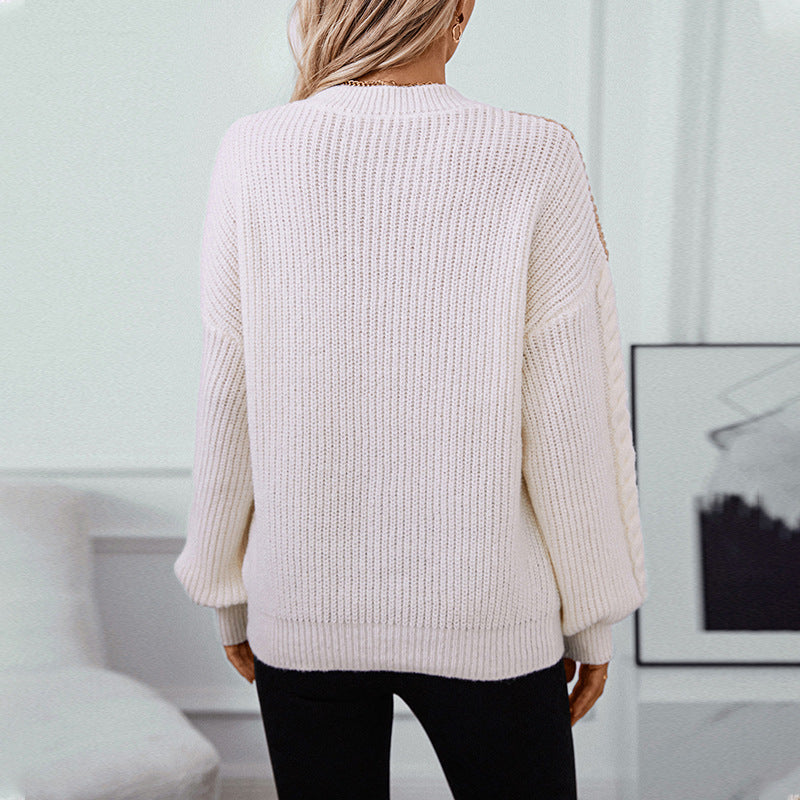 Damen modischer Strickpullover mit raffinierten Zopfmuster-Ärmeln und Kontrastfarben Sovae
