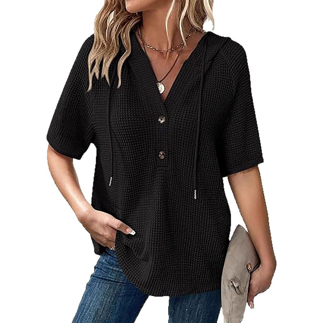 Damen lässiges Waffle-Hoodie mit Knopfleiste Sovae
