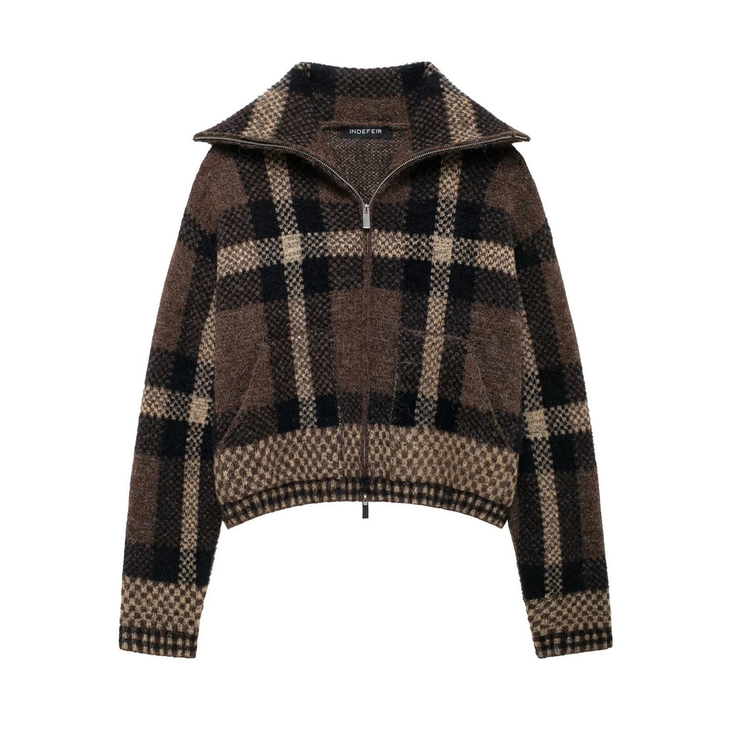 Damen trendy Oberteil mit asymmetrischem Reißverschluss und modernem Karomuster Sovae