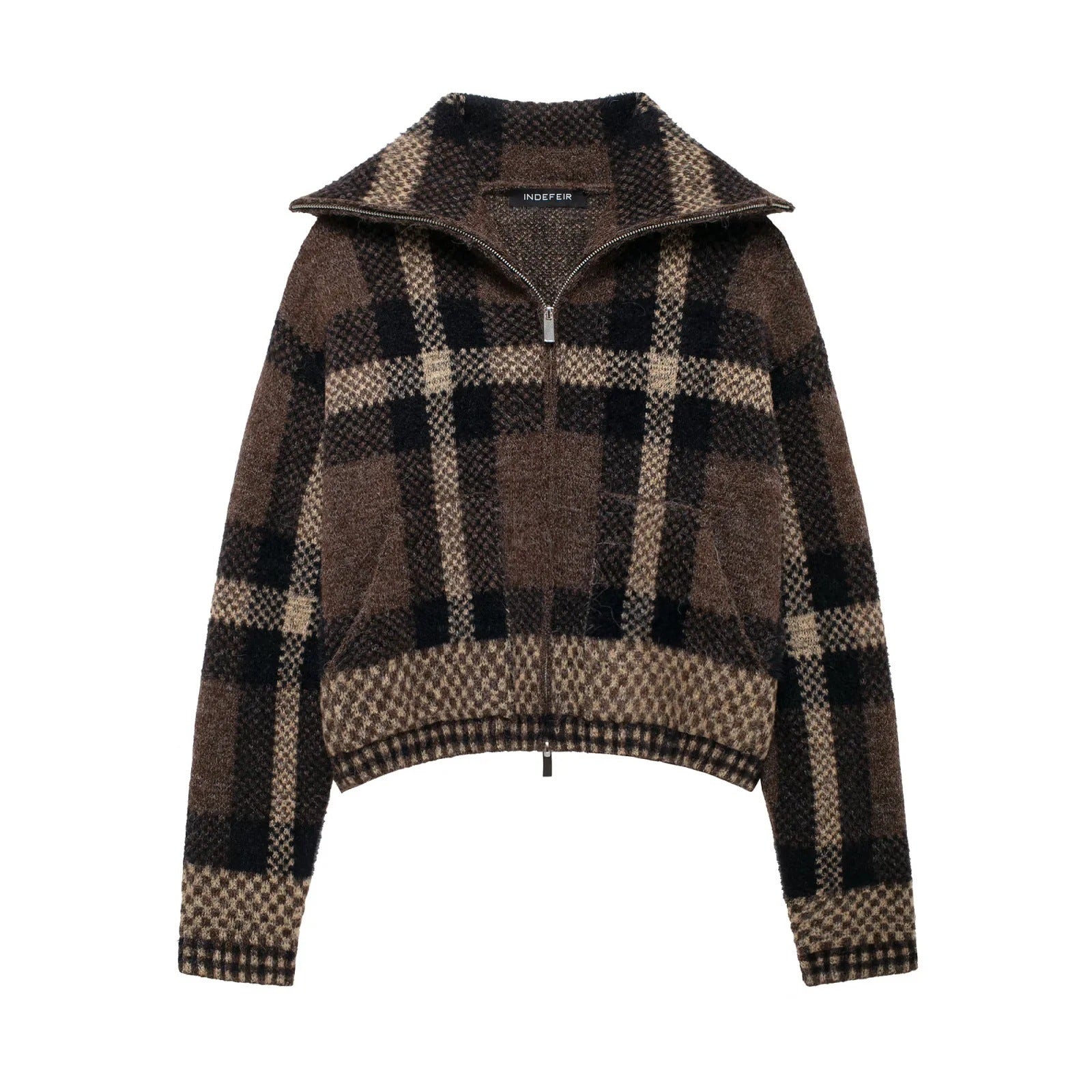 Damen trendy Oberteil mit asymmetrischem Reißverschluss und modernem Karomuster Sovae