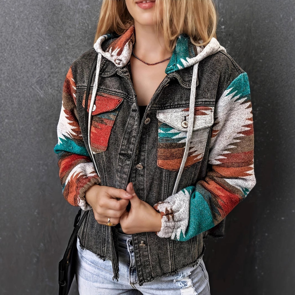Damen Denimjacke im lässigen Boho-Stil mit Kapuze Sovae