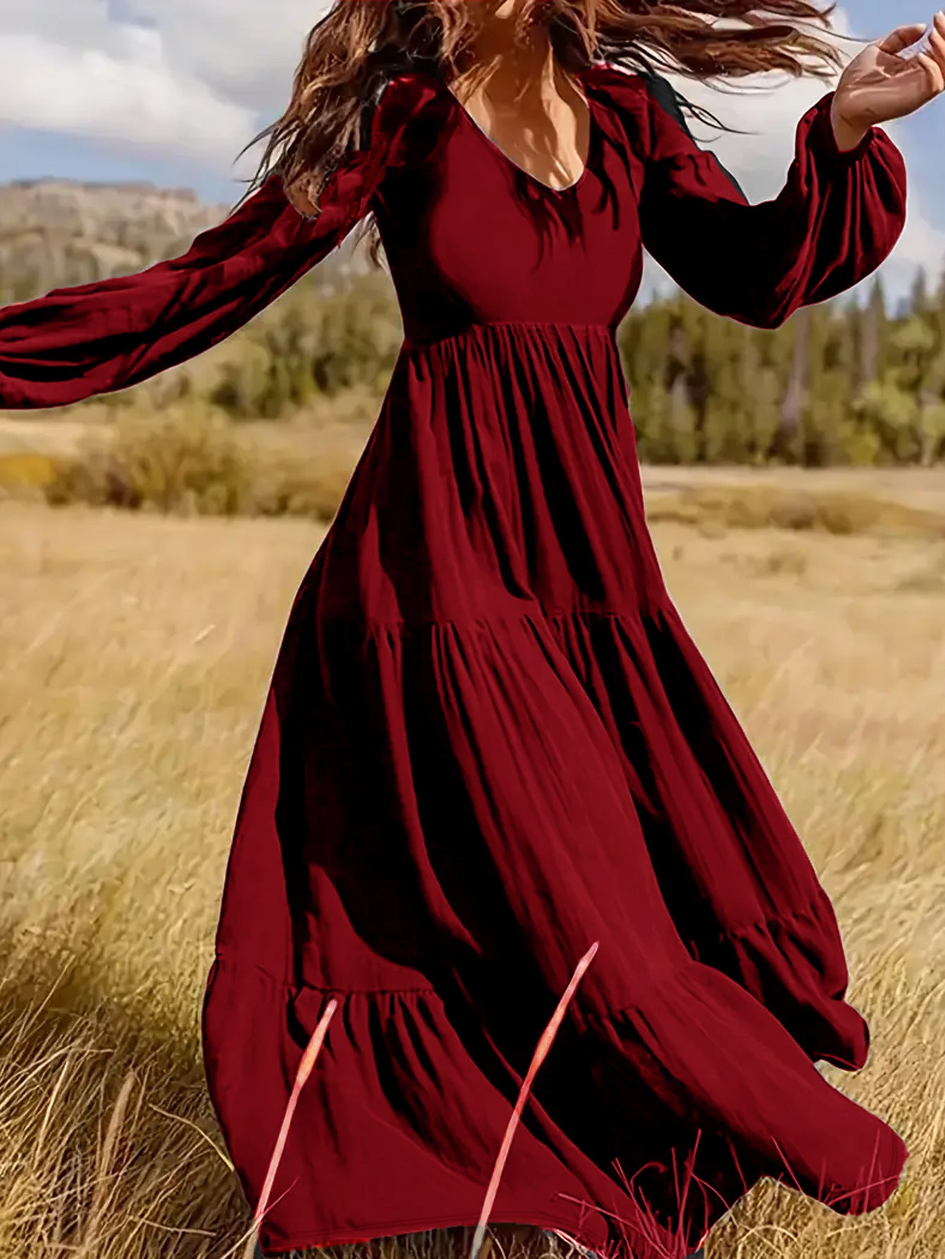 Damen fließendes Maxikleid mit V-Ausschnitt und eleganten Puffärmeln Sovae