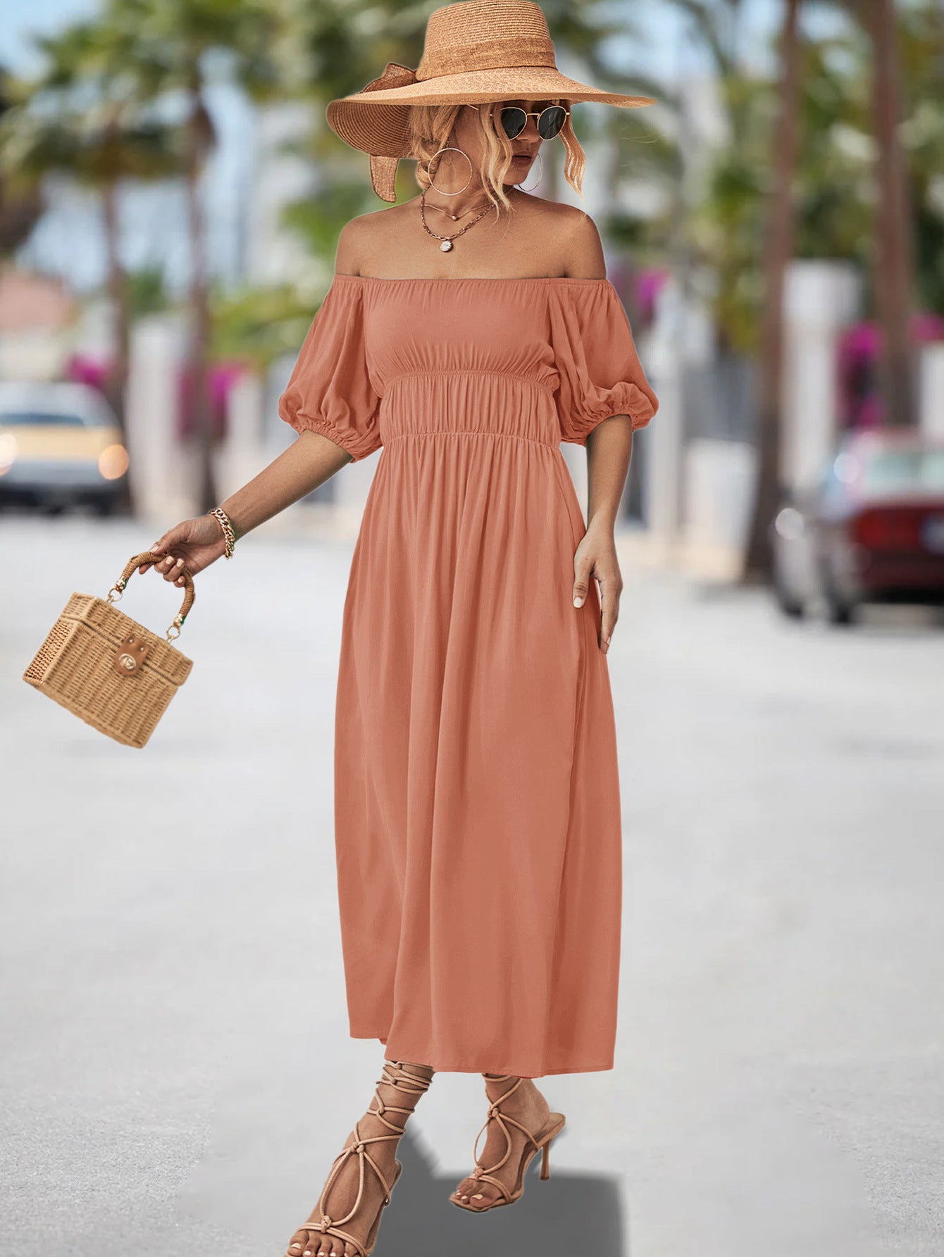 Damen Off-Shoulder Maxikleid mit voluminösen Puffärmeln und elastischem Taillenband Sovae