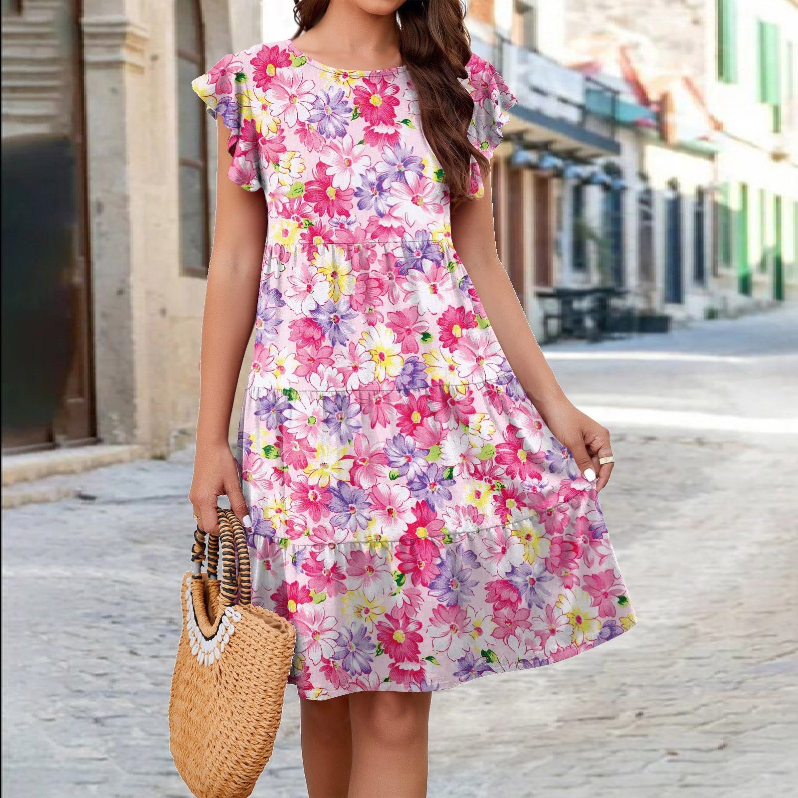Damen Lässiges Sommerkleid mit Rüschendetails und floralen Mustern Sovae
