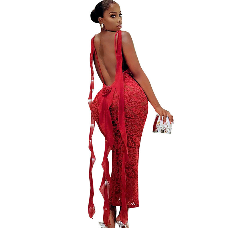 Damen Spitzen-Maxikleid mit verführerischem Schnitt und transparenten Details Sovae